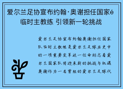 爱尔兰足协宣布约翰·奥谢担任国家队临时主教练 引领新一轮挑战 爱尔兰足协宣布约翰·奥谢担任国家队临时主教练 引领新一轮挑战